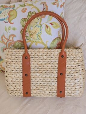 Woven Straw Tote with Tan Leather Handles